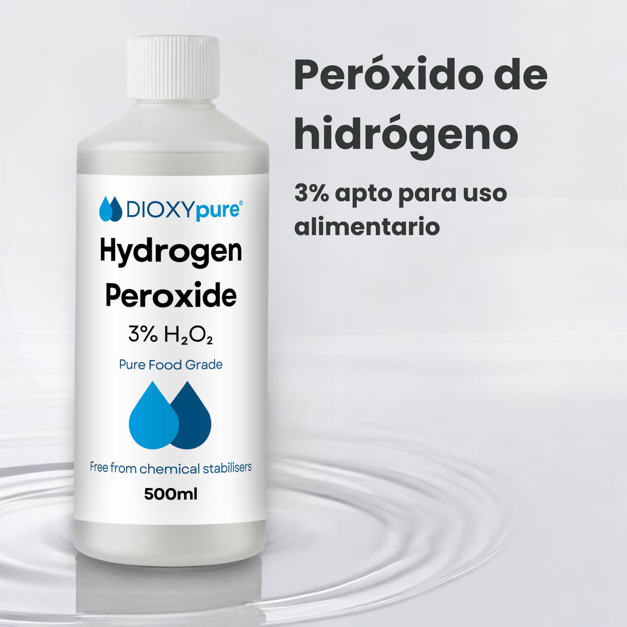 Peróxido de hidrógeno de grado alimenticio 3% – 500 ml – H2O2 – Agua oxigenada – Sin estabilizadores ni aditivos – Limpiador natural multiusos – Tapón de seguridad infantil