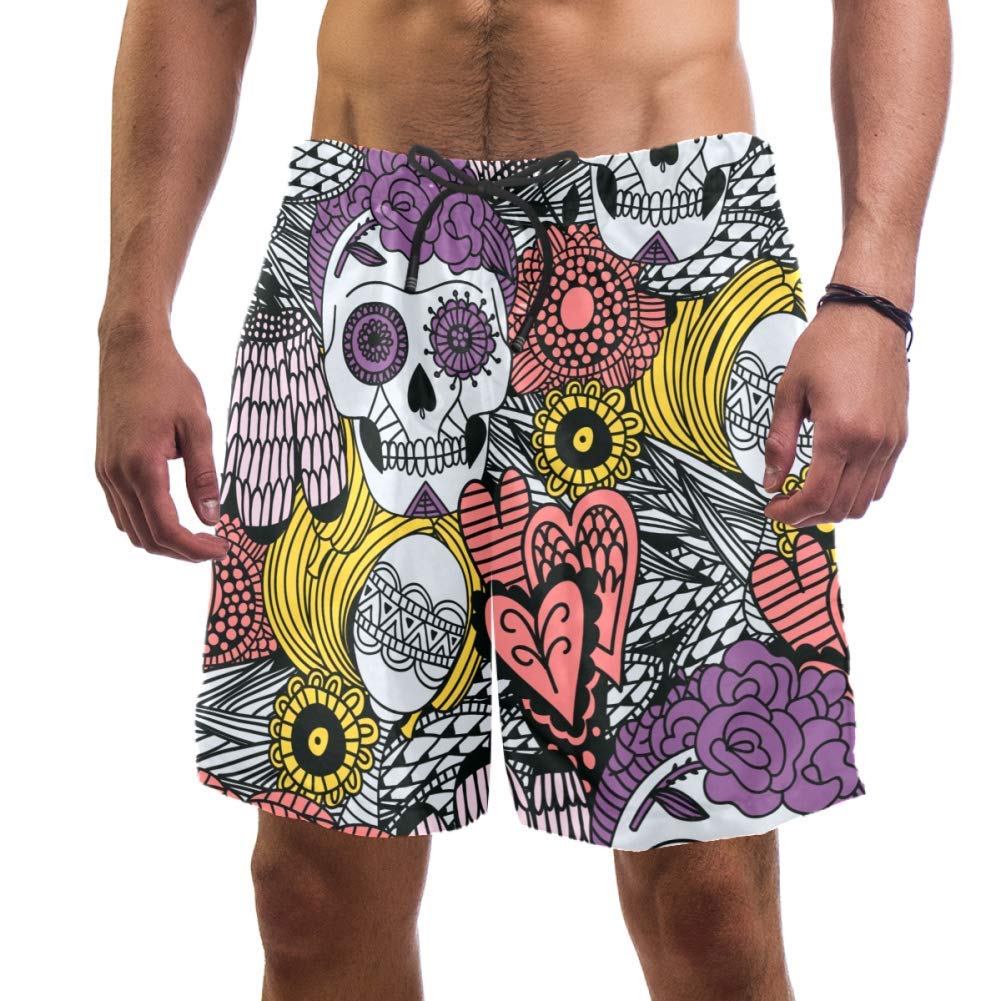 Eslifey Man Beach Shorts Tattoo Mexican Skull Floral Ornamental Pattern Swim Trunks Elastic Swimsuit Board Shorts for Men,XXL