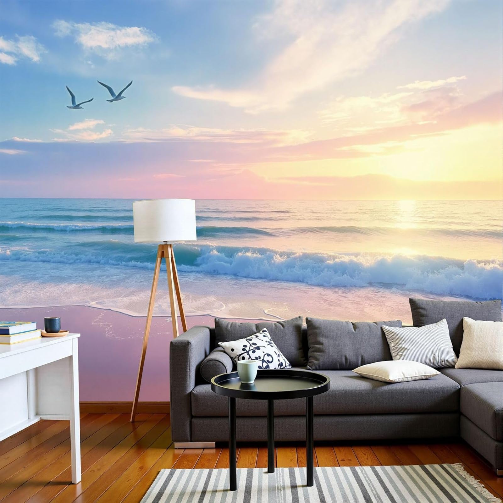 Photo wallpaper Natural Ocean Waves - XXL, Seagulls Sunset Beach Landscape 3D Effect, Pink Wallpaper for Living Room Bedroom Wall Mural, 250cm x 175cm Stickers - Frameless Painting - Poster