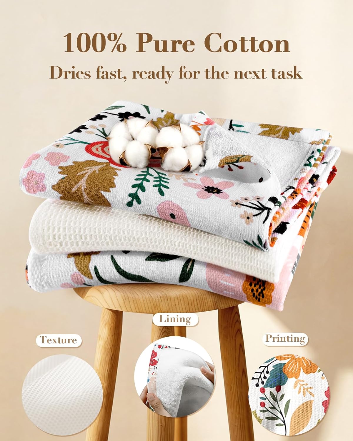 Miss Adola Cotton Kitchen Towels Set of 4, 16x26 Inch, Beige Floral image 3