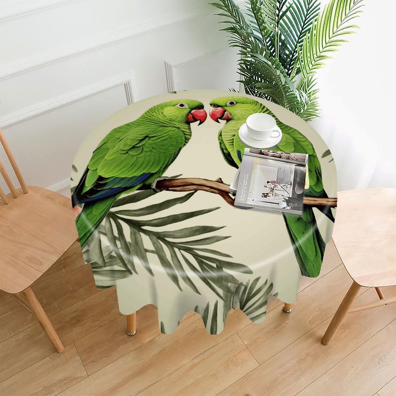 FekiLoot Round Couple Parrots Olive Tablecloth Decorative Fabric Table Cloth Wrinkle Free Circle Dining Tablecover Washable Polyester Table Cover for Holiday Dinner Party Decor 60"