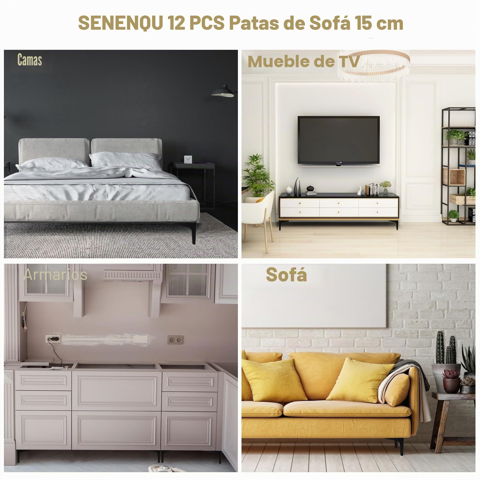 SENENQU 12 Piezas Patas para Muebles Negras 15 cm, Patas para Mesas y Sofá con Tornillos, Pies Metálicos de Acero Resistente para Armario, Mueble de TV y Cama