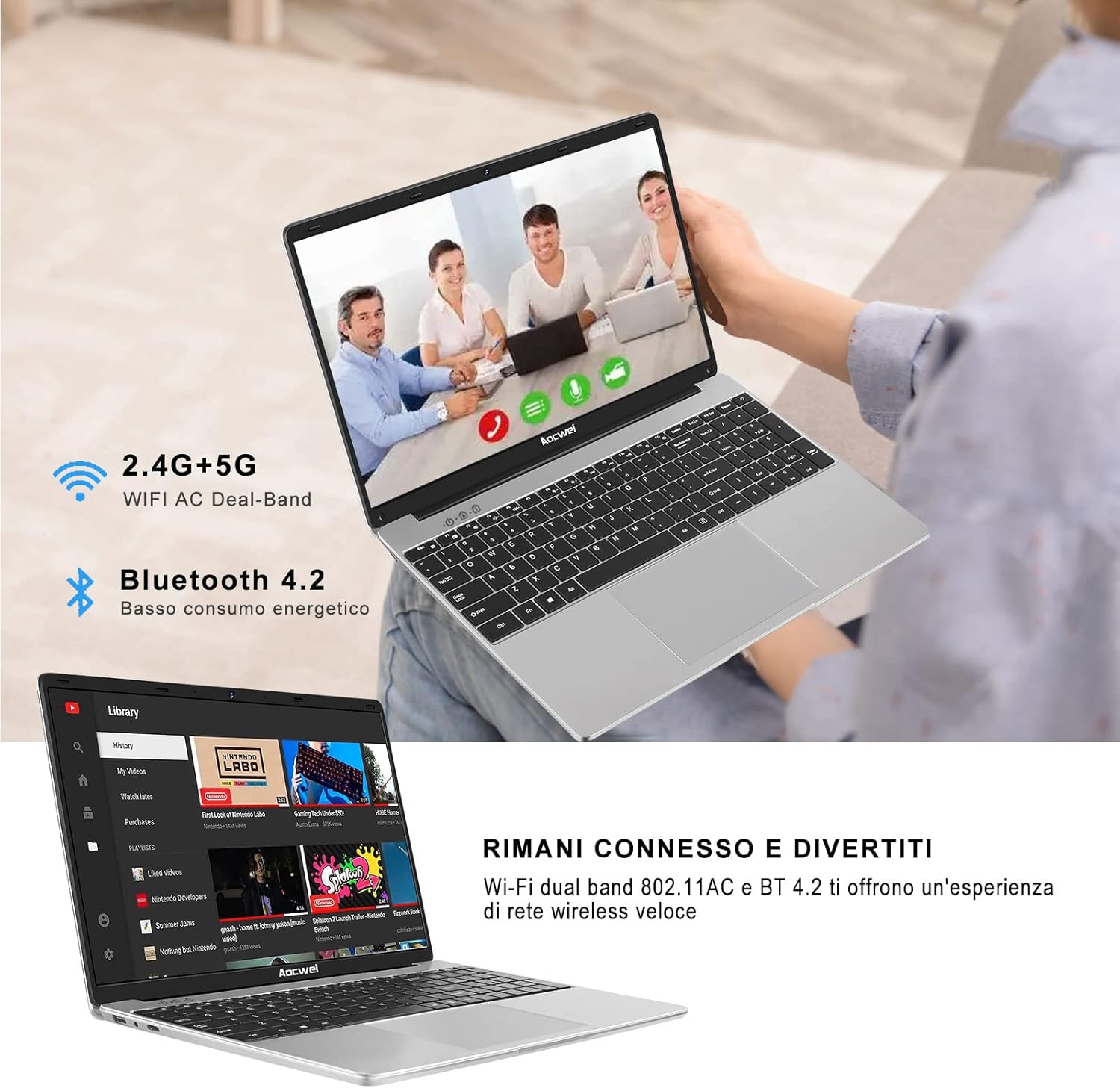 Aocwei PC Portatile 15.6 128 GB SSD Supporta lespansione Windows 10 Intel 6GB RAM Notebook 1080 FHD 2.4G+5G WiFi BT 4.2 USB HDMI con adesivi per tastiera Italiana mouse senza fili-Argento