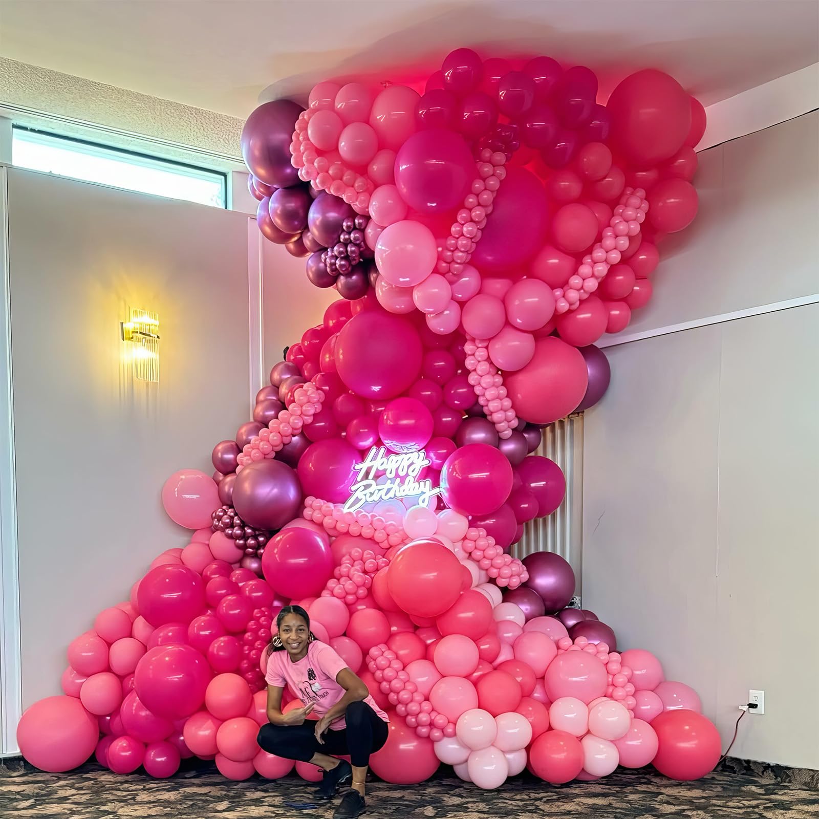 HILAVO Globos de guirnalda rosa, magenta, rosa, metálico, globos para fiestas, globos de látex rosa pastel rosa para niñas y mujeres, cumpleaños, bodas, princesas, baby shower, bayas, fresas