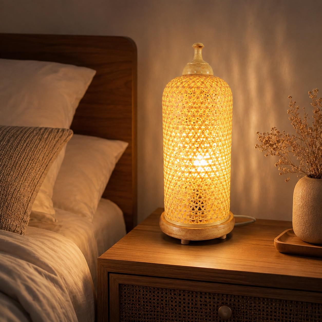 Handwoven Bamboo Table Lamp with LED Bulb, 30 x 12 cm | Soft Ambient Lighting, Bedside Night Lamp, 1-Metre Wire Included, Boho Rustic Decor, Lightweight & Durable-image-9