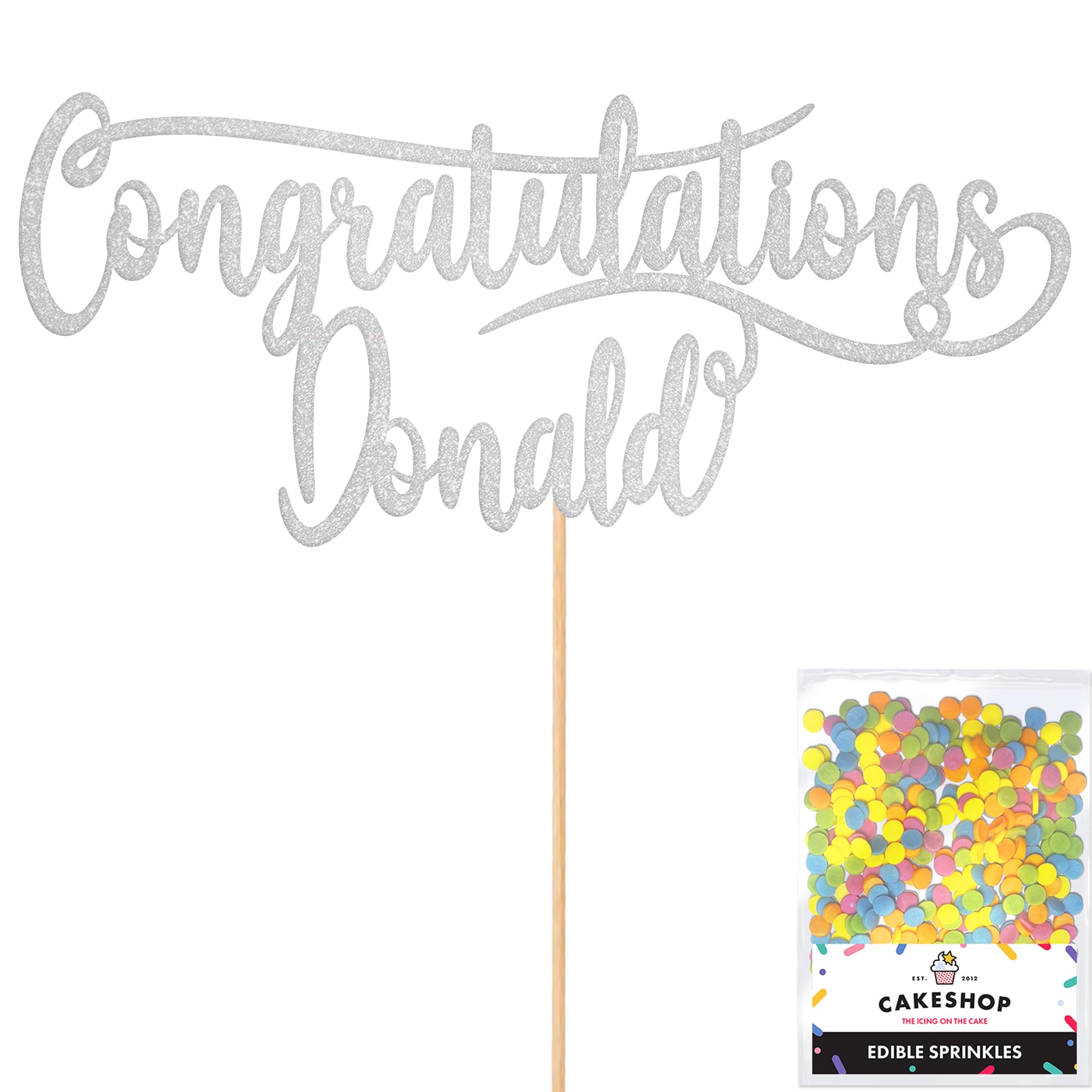Cakeshop Personalised Congratulations Glitter Cake Topper With Sprinkles - Light Silver Custom Colour - Any Name - Double-Sided Glitter Card Cake Decoration - Custom Toppers for Cakes