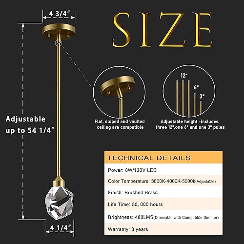 Miniatura 5 de Untrammelife Lámpara colgante de cristal dorado, pequeña lámpara colgante colgante de 8 W, luz LED de 3 colores, temperatura ajustable, 3000 K-5000