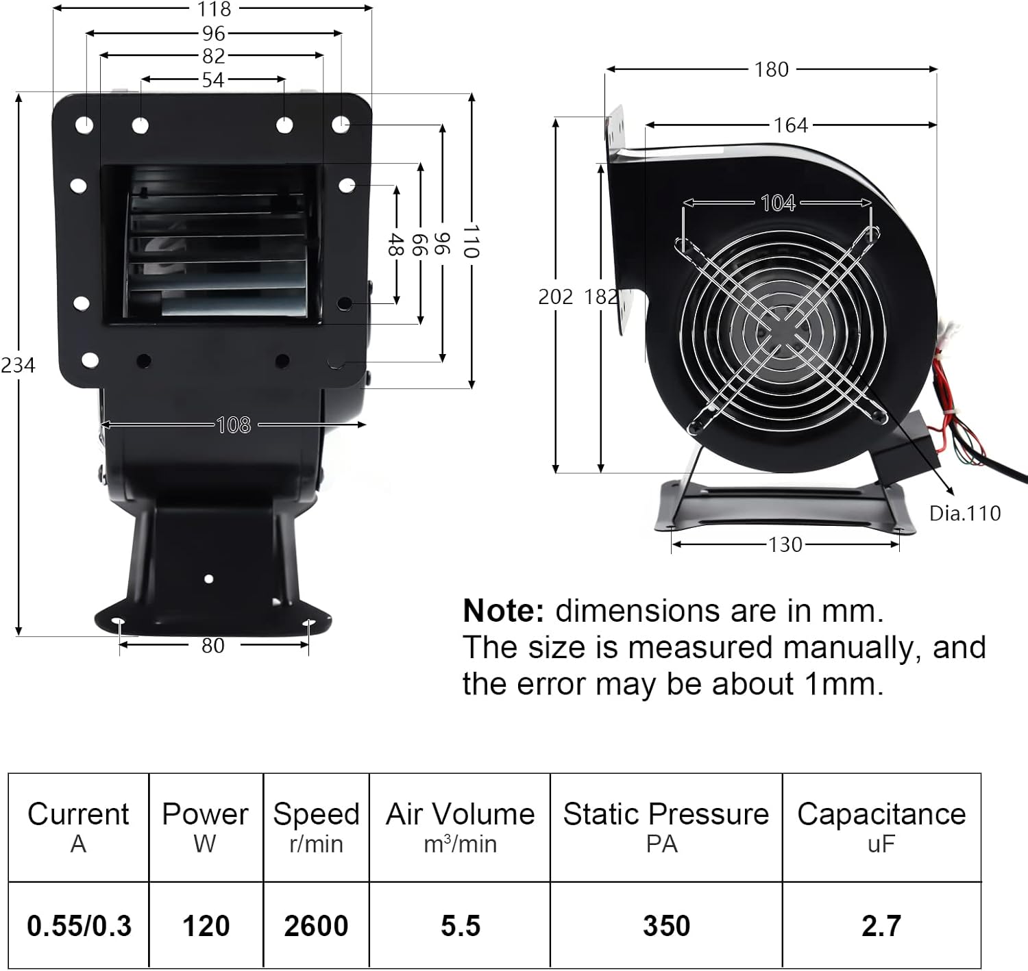 Kaibrite Centrifugal Blower Fan Round Outdoor Wood Furnace Boiler Blower 120W 2600r/min Ventilation Fan