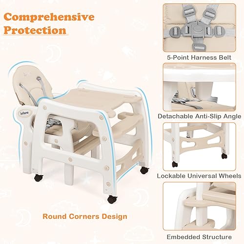 Miniatura 4 de INFANS Silla alta 5 en 1 para bebé, juego de sillas convertibles para niños pequeños, mecedora, asiento multifunción con ruedas universales