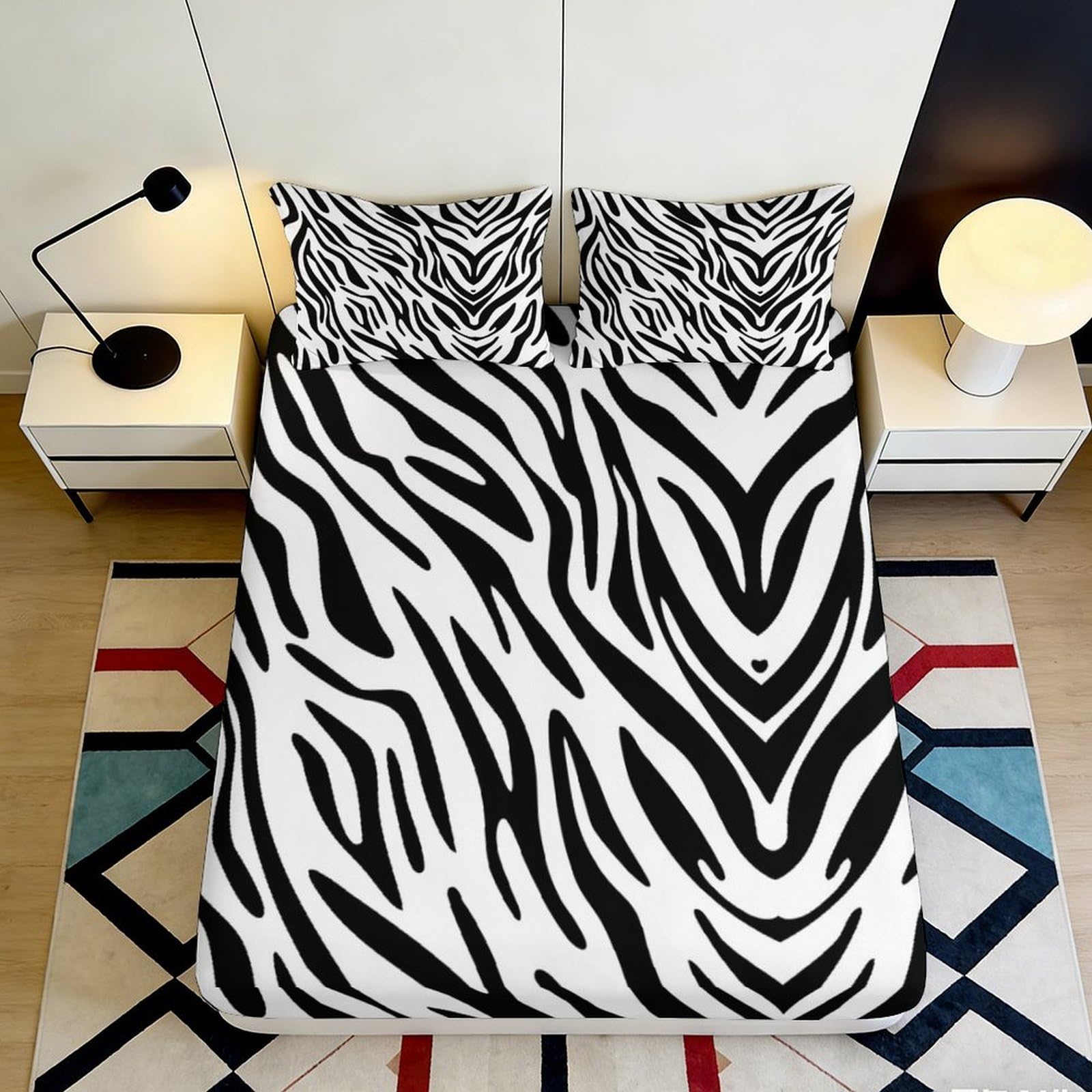 3D Printed Zebra Pattern Fitted Sheet Microfiber Durable Stylish Black White Striped Bed Sheet Mattress Cover for Bedroom Dormitory Guest Room 200x200x25cm