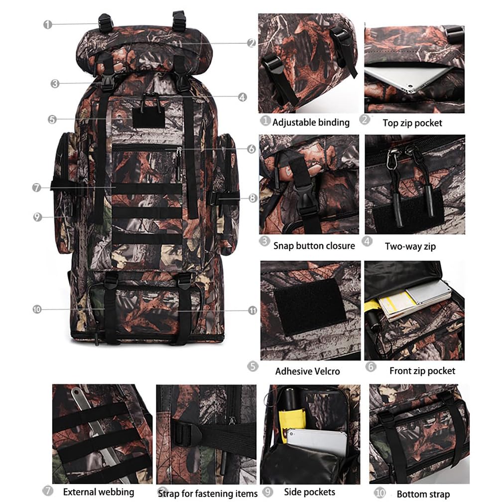 Mochila de senderismo 100L Mochila de senderismo de gran capacidad Mochila universal al aire libre Mochila de camping deportes Mochila de viaje Daypack para hombres mujeres (camuflaje de la selva),