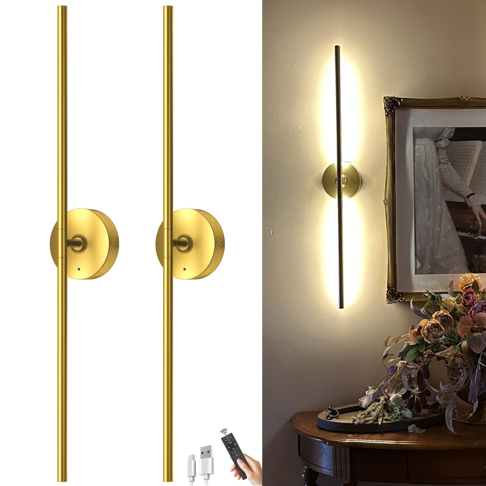 Battery Operated Wall Sconce Set of Two: Gold Wireless Rechargeable Wall Light with 10000mAh Detachable Battery and Remote, 360° Rotatable Scone Wall Decor for Bedroom Hallway Bathroom, 31.5inch