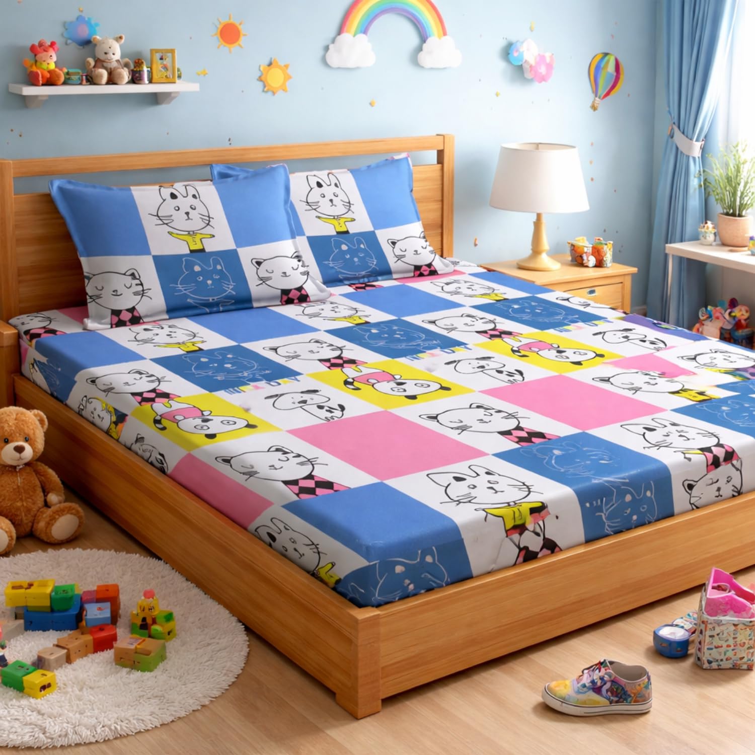AAWAAS 100% Cotton Kids Flat Bedsheet Set with Pillow Covers, Space and Animal Theme Theme, Kids Favourite Print, White, Double Bed|90 x 90 Inches –Kid 1