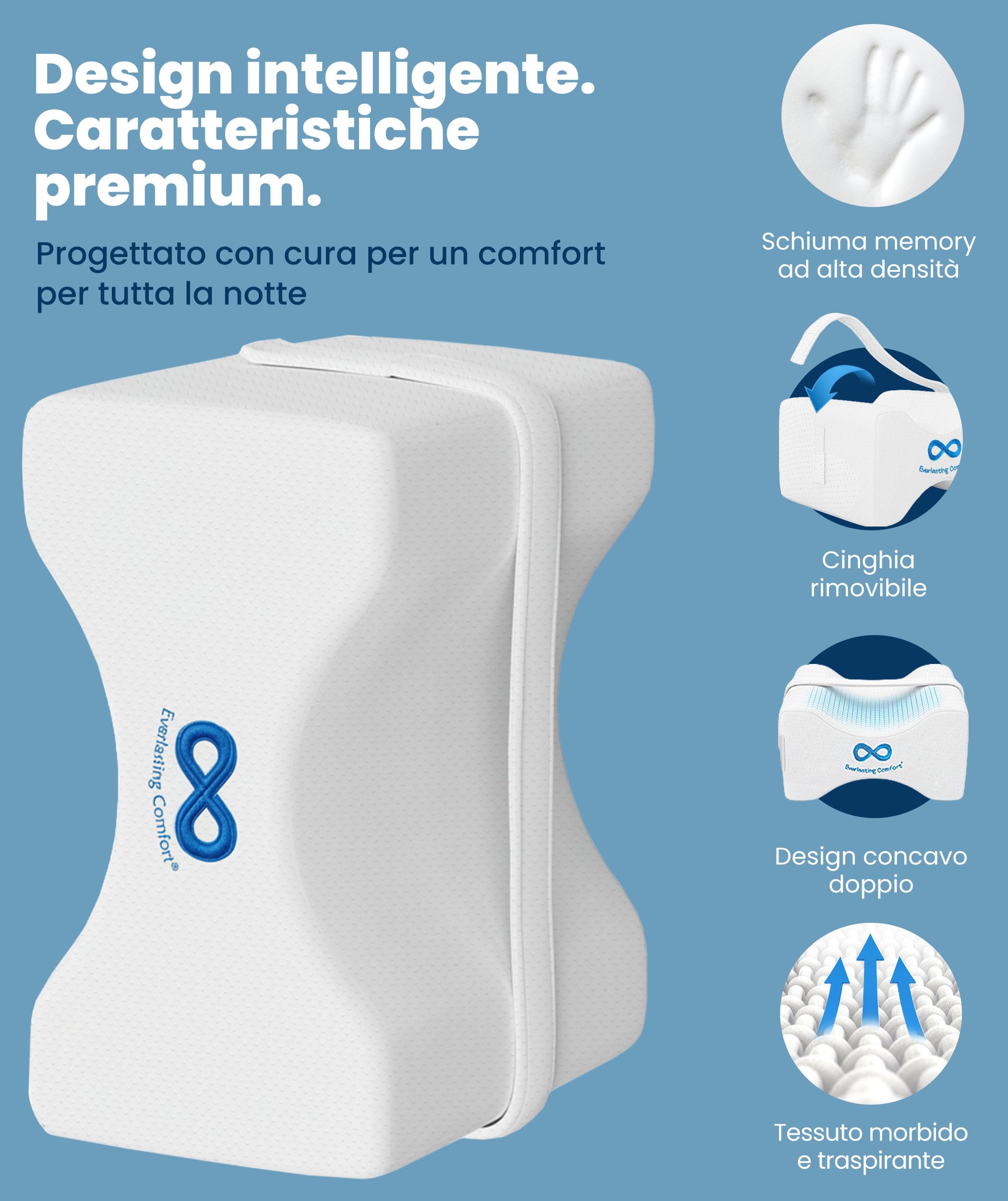 Everlasting Comfort Cuscino ginocchia in memory foam per dormire di lato – Cuscino gambe con cinghia rimovibile, fodera lavabile e forma sagomata