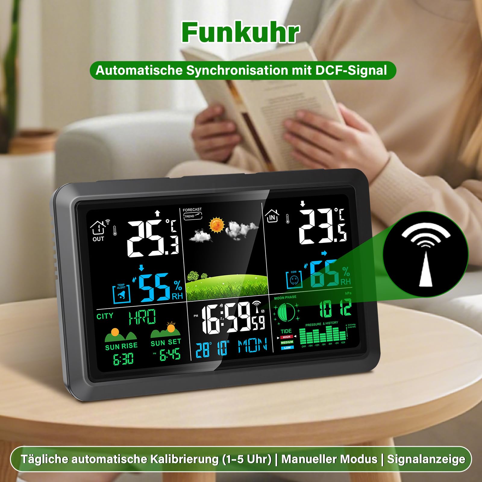 Wetterstation Funk mit Außensensor - Innen und Außentemperatur, Luftfeucht, Luftdruck, Wettervorh, Mondphase, DCF Funkuhr, Batteriebetrieb & Netzbetrieb für Wohnzimmer, Schlafzimmer, Garten