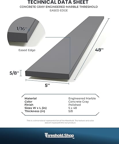 Miniatura 5 de Threshold.Shop Borde de ducha de 48 pulgadas  Umbral de mármol de ingeniería gris hormigón para sistemas de bandeja de ducha Schluter Kerdi y