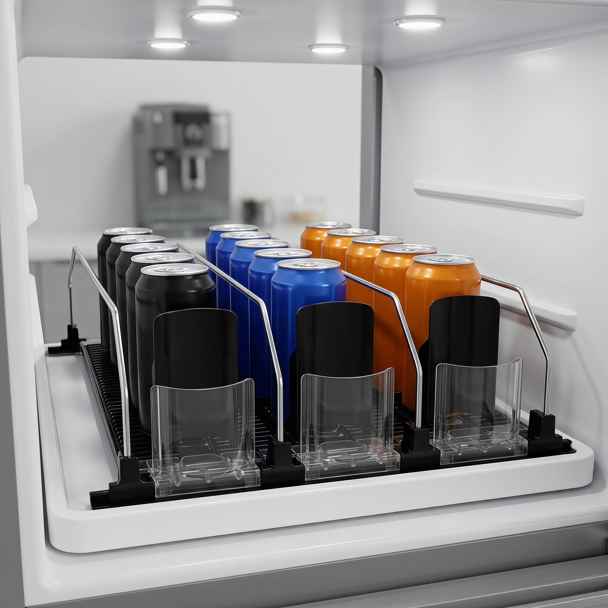 Hemobllo 3 Piezas Organizador de Bebidas para Refrigerador, Organizador de Botellas para Refrigerador, 300-310mm, Negro, Abs y Acero Inoxidable, Autoempujable, Fácil de Instalar,