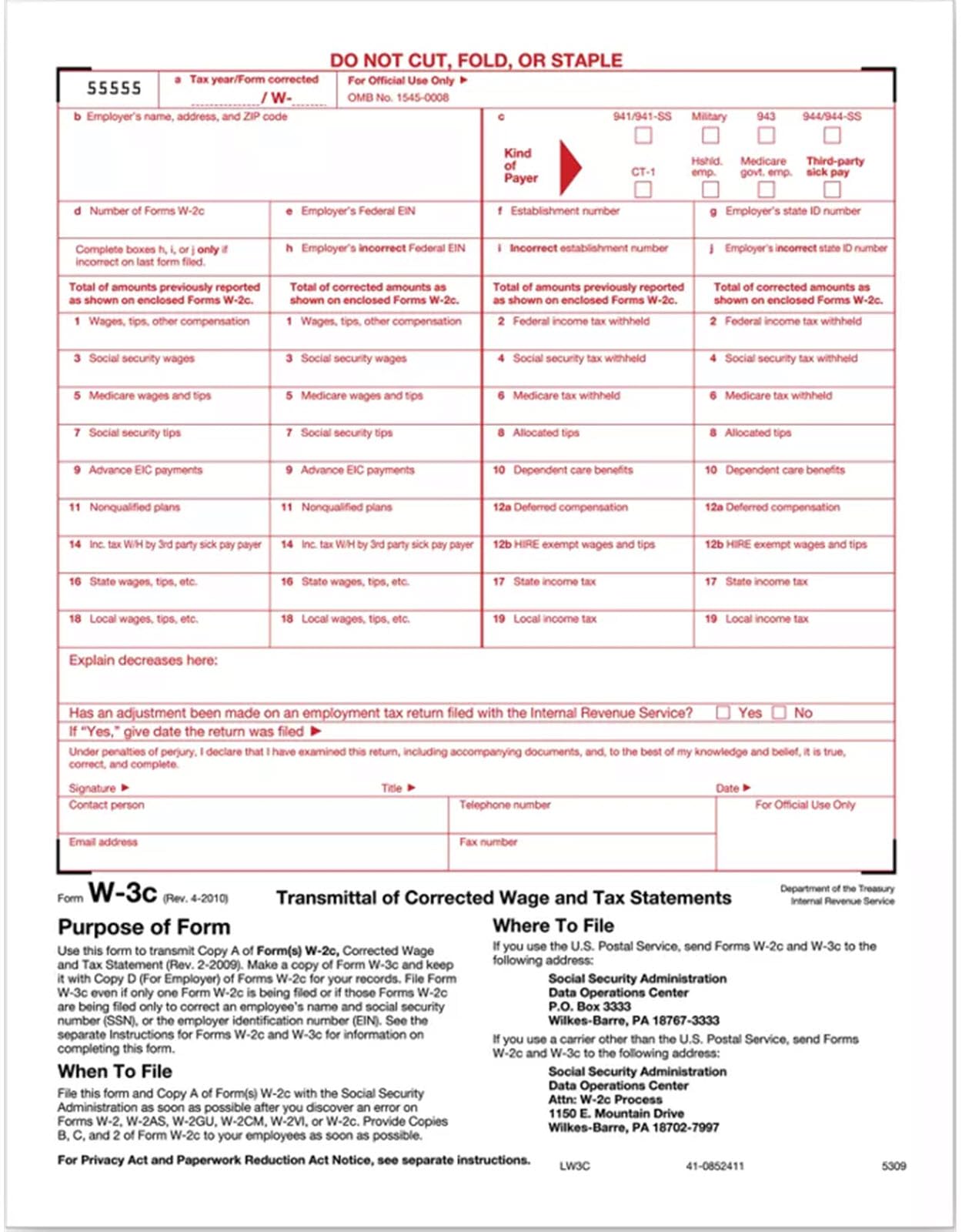 W3-C Wage Correction Form for Laser Printer - 5 Forms