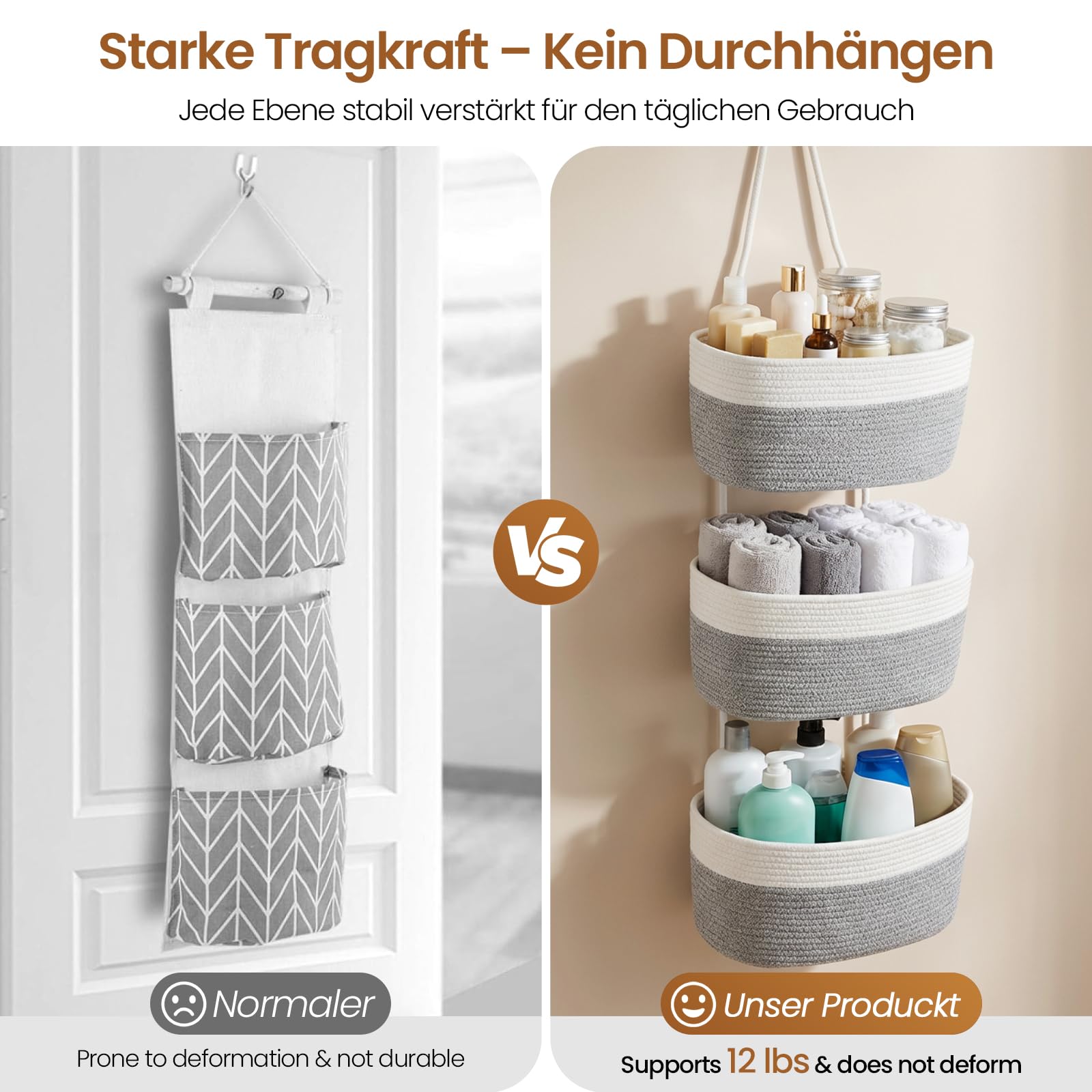 Organizador Colgante de Pared de 3 Niveles con Ganchos, Bolsa de Pared Tejida con Cuerda de algodón - salón, Dormitorio, Cuarto de baño, habitación Infantil (Blanco grisáceo)