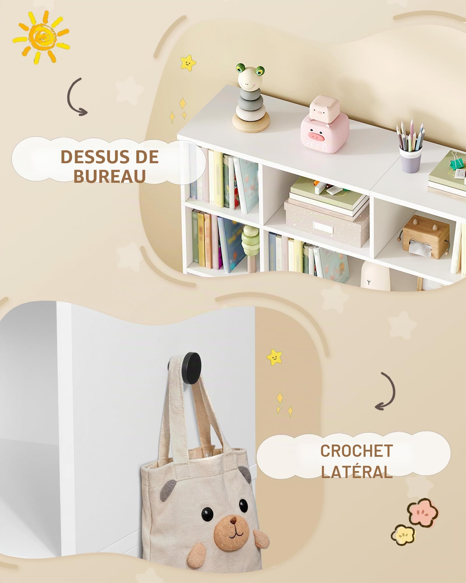Hzuaneri Bibliothèque Enfant avec 2 Coffre de Rangement à roulettes, Meuble Rangement Enfant à 4 Niveaux, Étagère à Jouets, étagère pour Chambre d'enfant, Bureau Blanc, 30 x 140 x 120 cm KB75203W