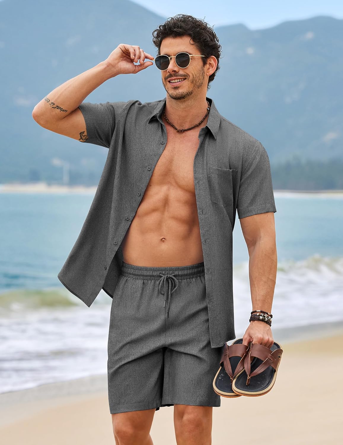 COOFANDY 2 Piece Set for Men Cruise Outfits Set Mens Summer Vacation Outfit Short Sleeve Button Down Shirts - Image 5