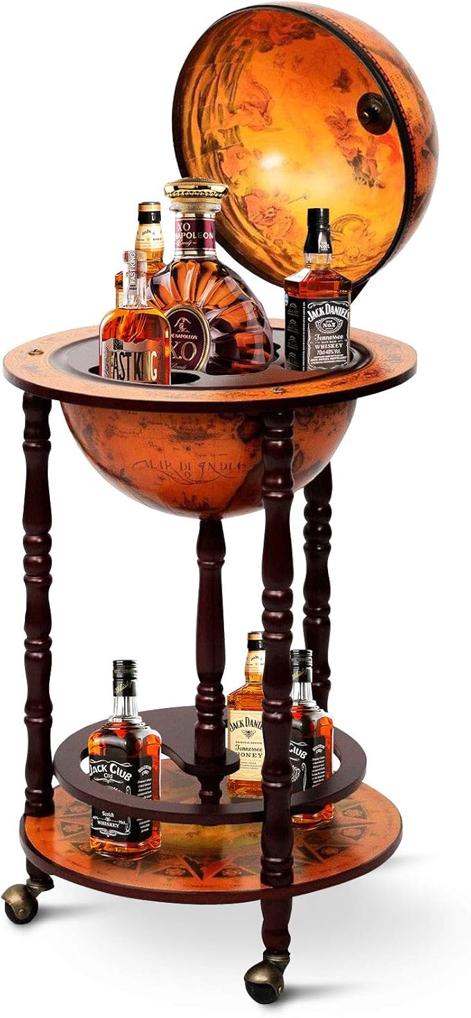 Byroce Globe Bar Cart, Wood Wine Bar Cabinet with Wheels & Liquor Bottle Shelf, Italian Replica Liquor Cabinet for Bar, Home, Dining Room, Living Room (Retro Brown)