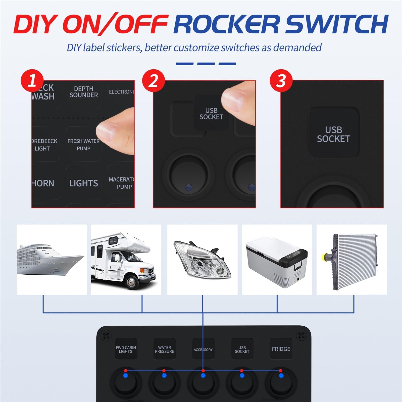 5-punktowy panel przełączników łodzi Wodoodporny panel przełączników samochodowych 2,4 A podwójny port USB 12 V gniazdo Cyfrowy woltomierz Niebieska dioda LED do samochodów