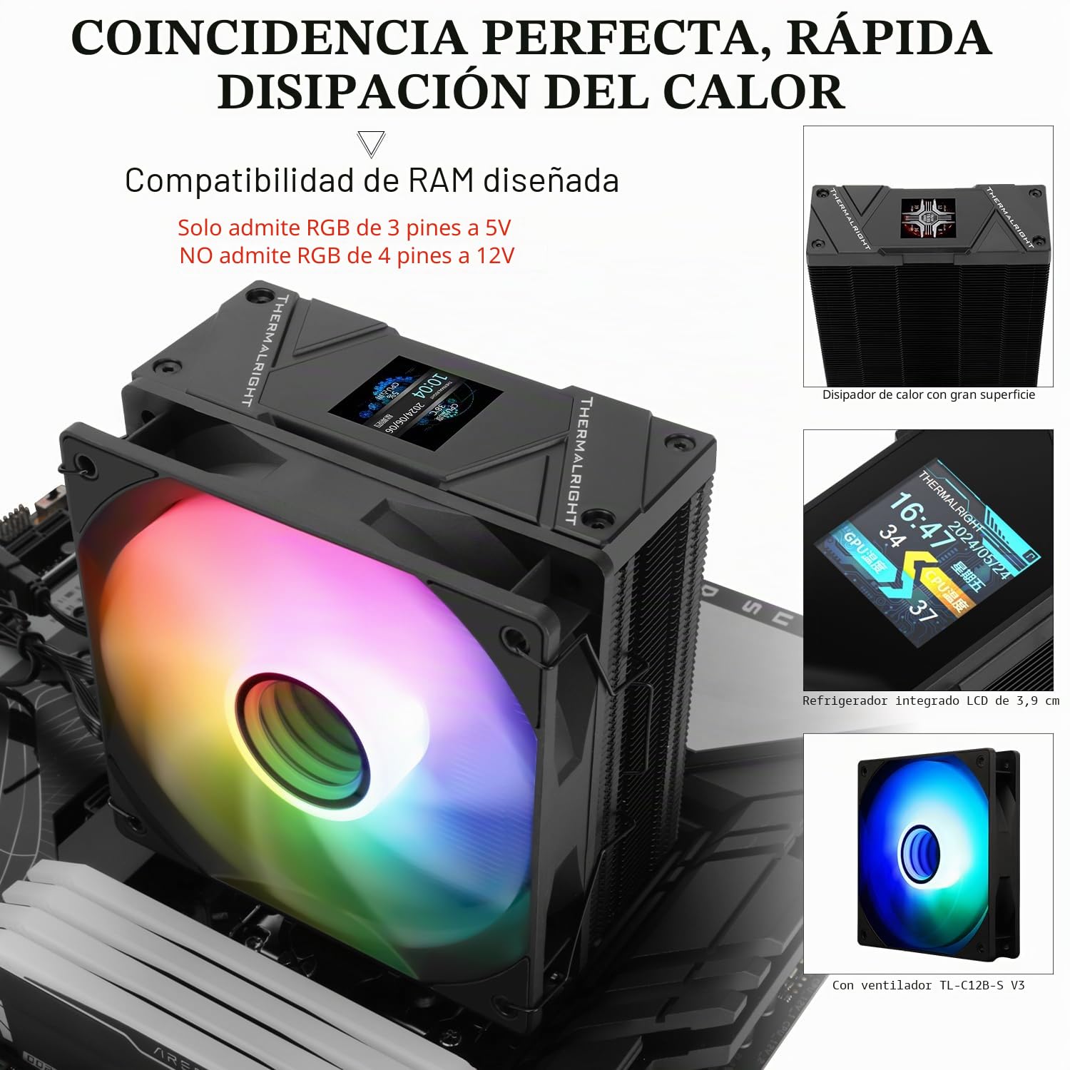Thermalright Assassin Spirit 120 Vision ARGB Black - Enfriador de aire para CPU, refrigeración para PC, 1500 rpm, resolución 240 x 240 cm, pantalla IPS LCD de 1,54", enfriador