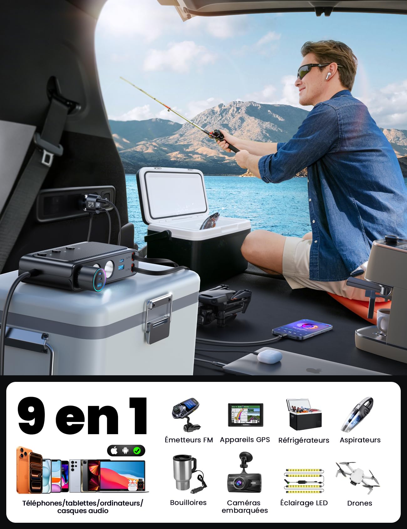 JOYROOM 9-en-1 Adaptateur Allume-Cigare 227W, avec 80cm rétractable 45W câble de charge rapide Type-C et Lightning, 12V/24V Prise Allume Cigare USB, Affichage du Tension par LED pour iPhone 17/Samsung