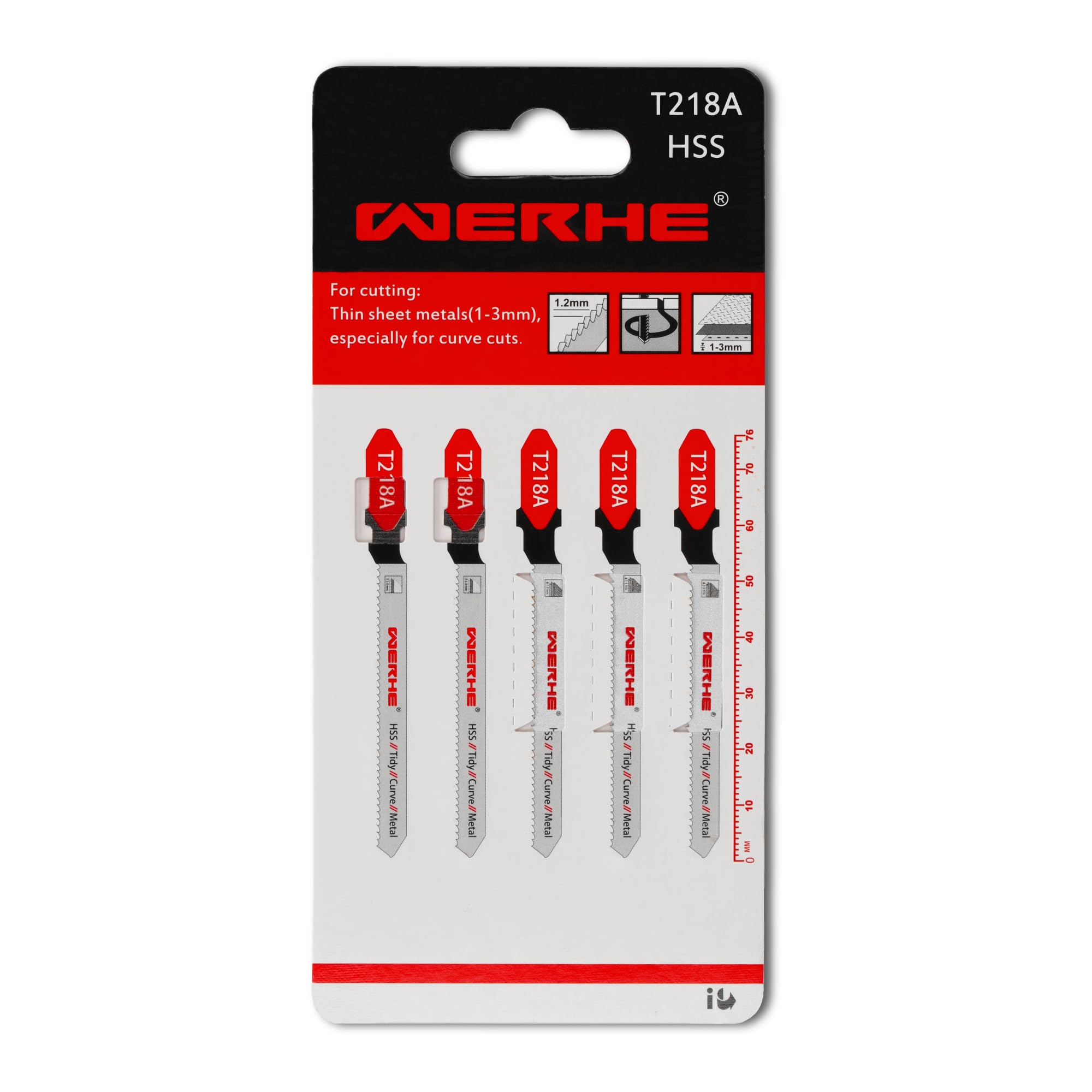 WERHE® Hoja de sierra de calar T218A 5 piezas para cortes de metal - para cortes curvos de chapa fina (1-3 mm) - hoja de sierra de metal para sierra de calar con soporte de mango en T