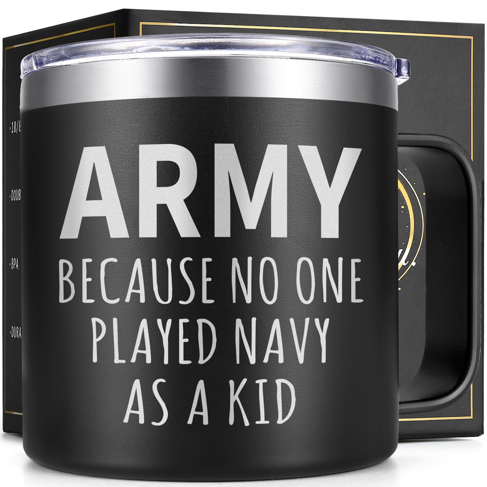 Lifecapido Army Gifts for Men, Army Because No One Played Navy As Kid 14 oz Insulated Coffee Mug, Military Birthday Christmas Gifts for US Veterans, Dad, Uncle, Black