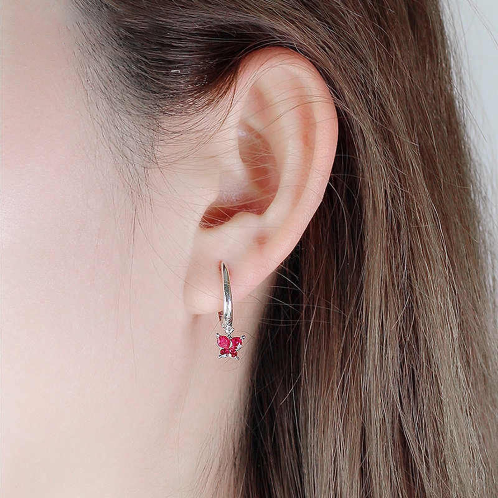 Damskie kolczyki na sztyfcie, nowoczesne motyle, rubin 0,8 ct; diament 0,03 ctGold, wiszące kolczyki damskie dla dziewczyny, białe złoto 14 K, modna biżuteria na Dzień Matki