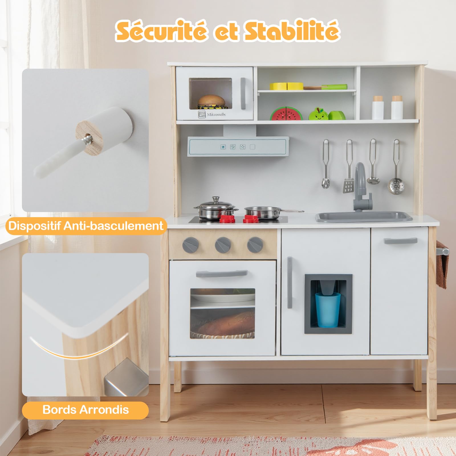 GOPLUS Cuisine Enfant en Bois, Jouet de Cuisine avec Effect Sonore, Évier Amovible, Hotte de Cuisine, Machine à Glaçons, 18 Accessoires Complets, pour Garçons Filles 3-6 Ans (Gris)