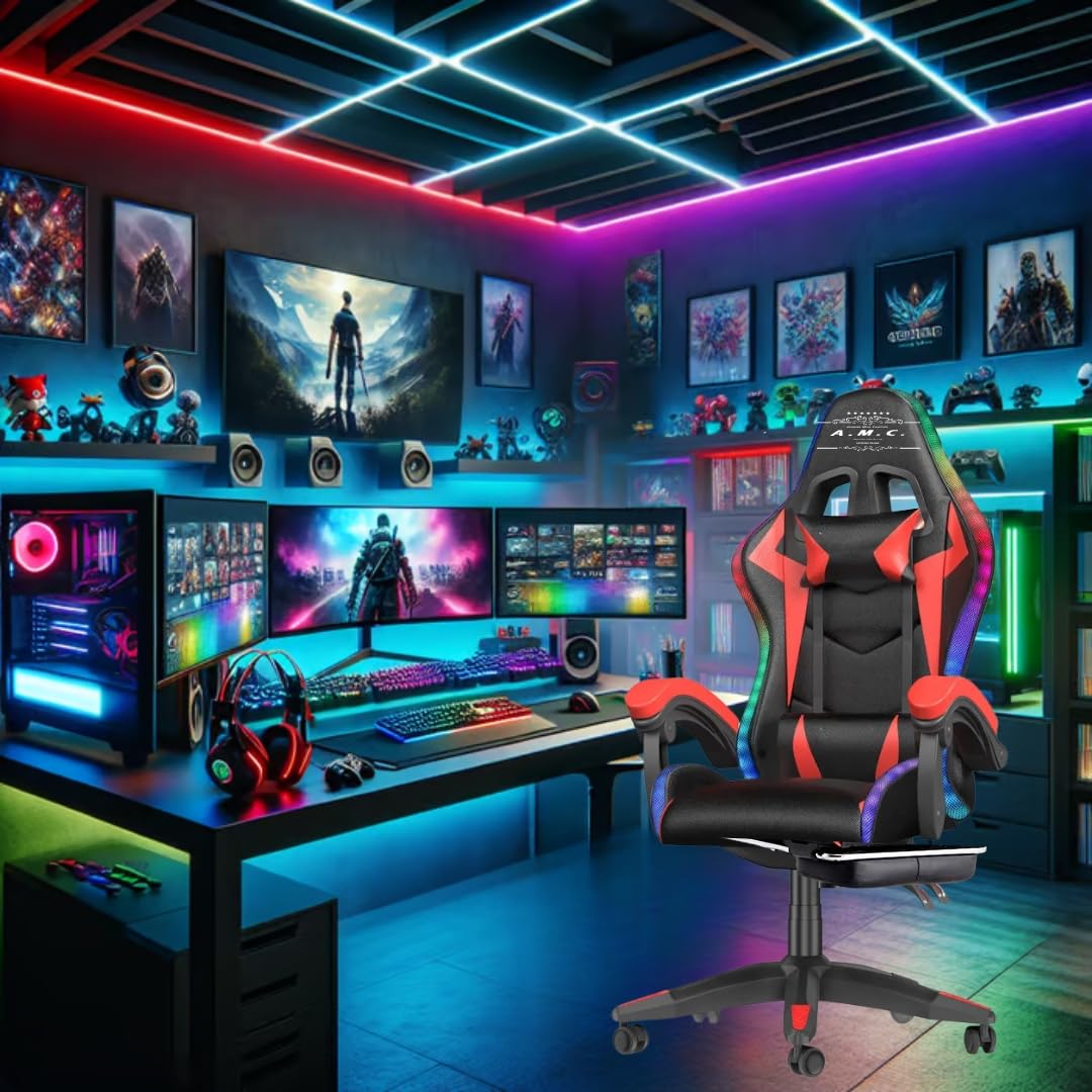 A.M.C. Sedia Gaming RGB con Luci LED E Sedia Ergonomica Poltrona Ufficio girevole, con rotelle, poggiatesta e cuscino lombare, Portata: 125kg con Schienale Alto in Pelle (ROSSO)
