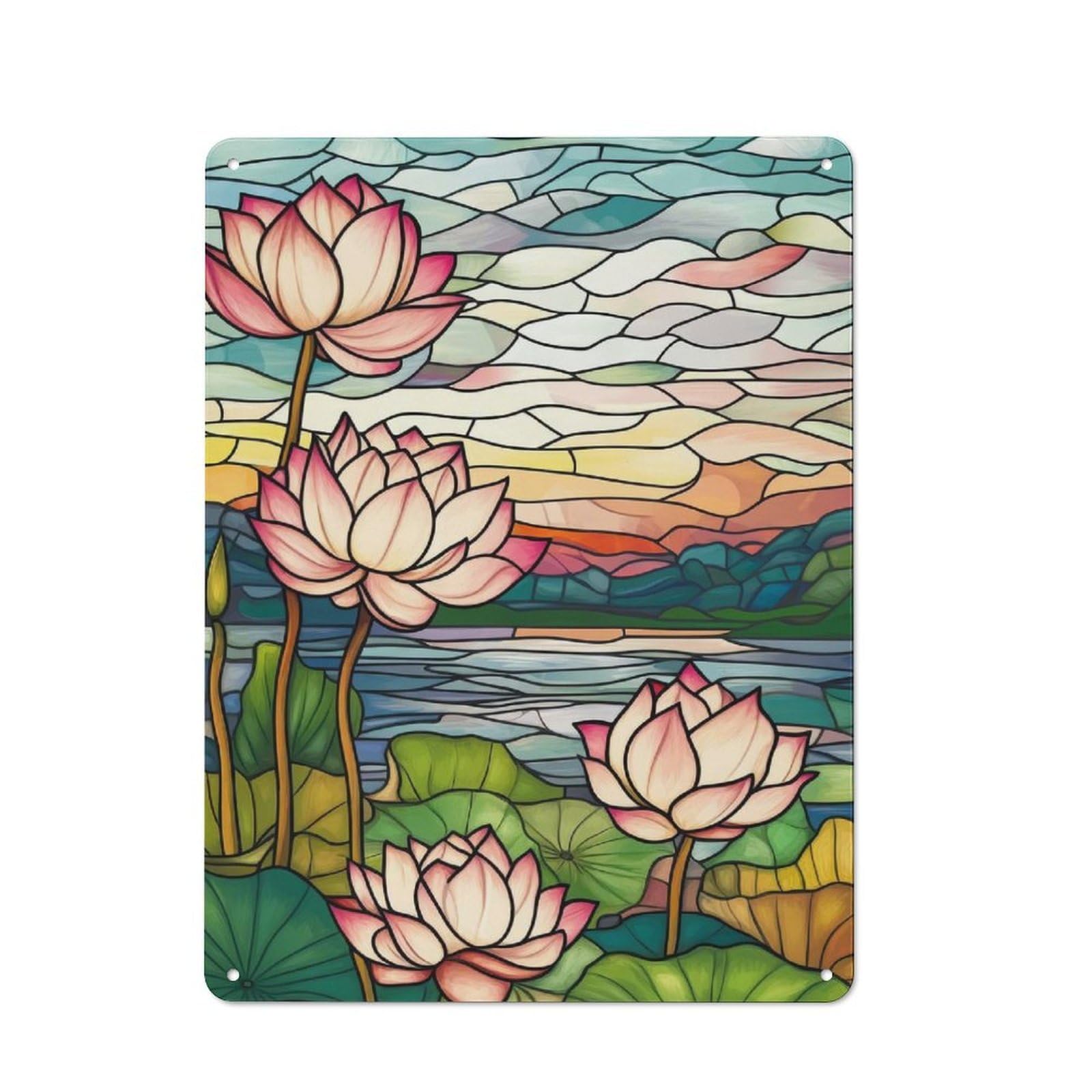 Junmoney Style-21 Retro-Style Metal Sign 40X30cm Featuring Lotus Flowers Stained Glass For Garage Wall, For Vintage Wall Decor Fans, For Metal Sign Collectors