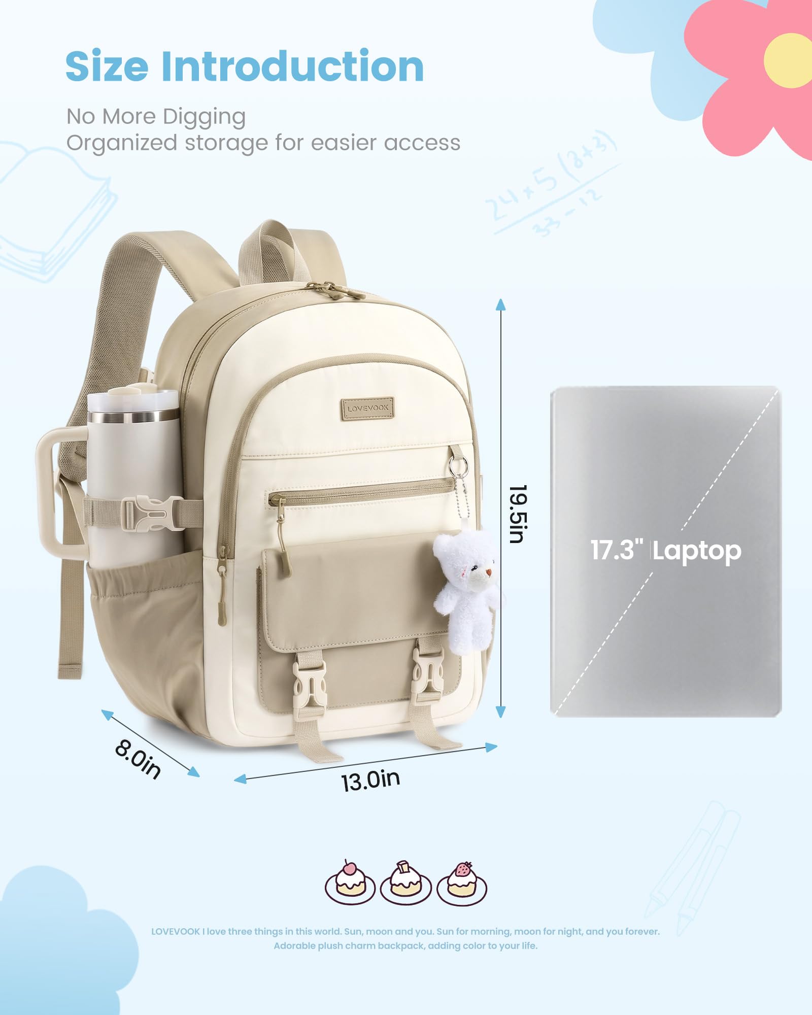 LOVEVOOK Schulrucksack Teenager Mädchen, 30L Großer Schulranzen Grundschule 5.Klasse, Wasserdichte Schultasche Damen mit 17.3 Zoll Laptopfach, Kawaii School Bag for Girls Backpack Women für Schule Uni