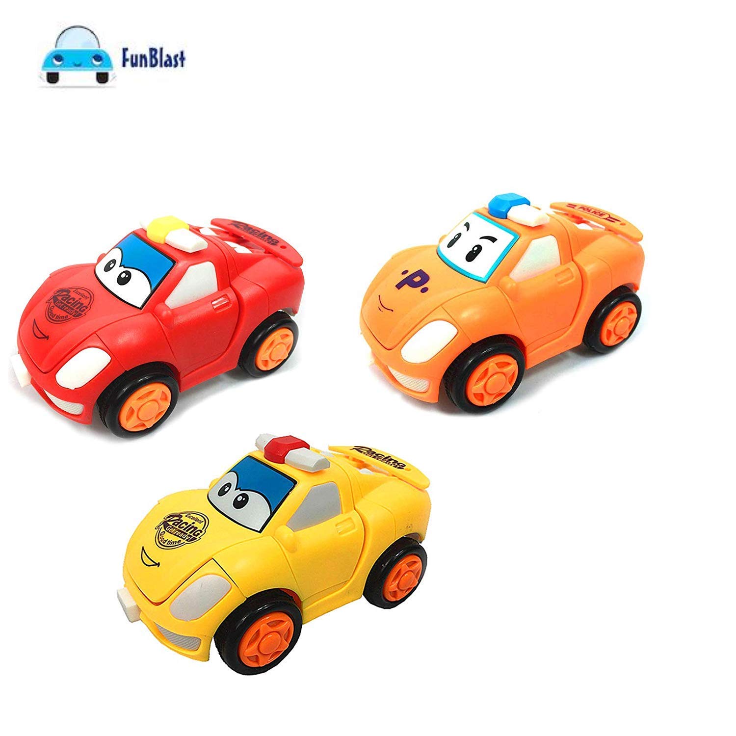 FunBlast Pull Push Back Action Robot Car Toy for Kids, Racing Car Toy, Car to Robot, Random Color (Set of 3 Pcs)