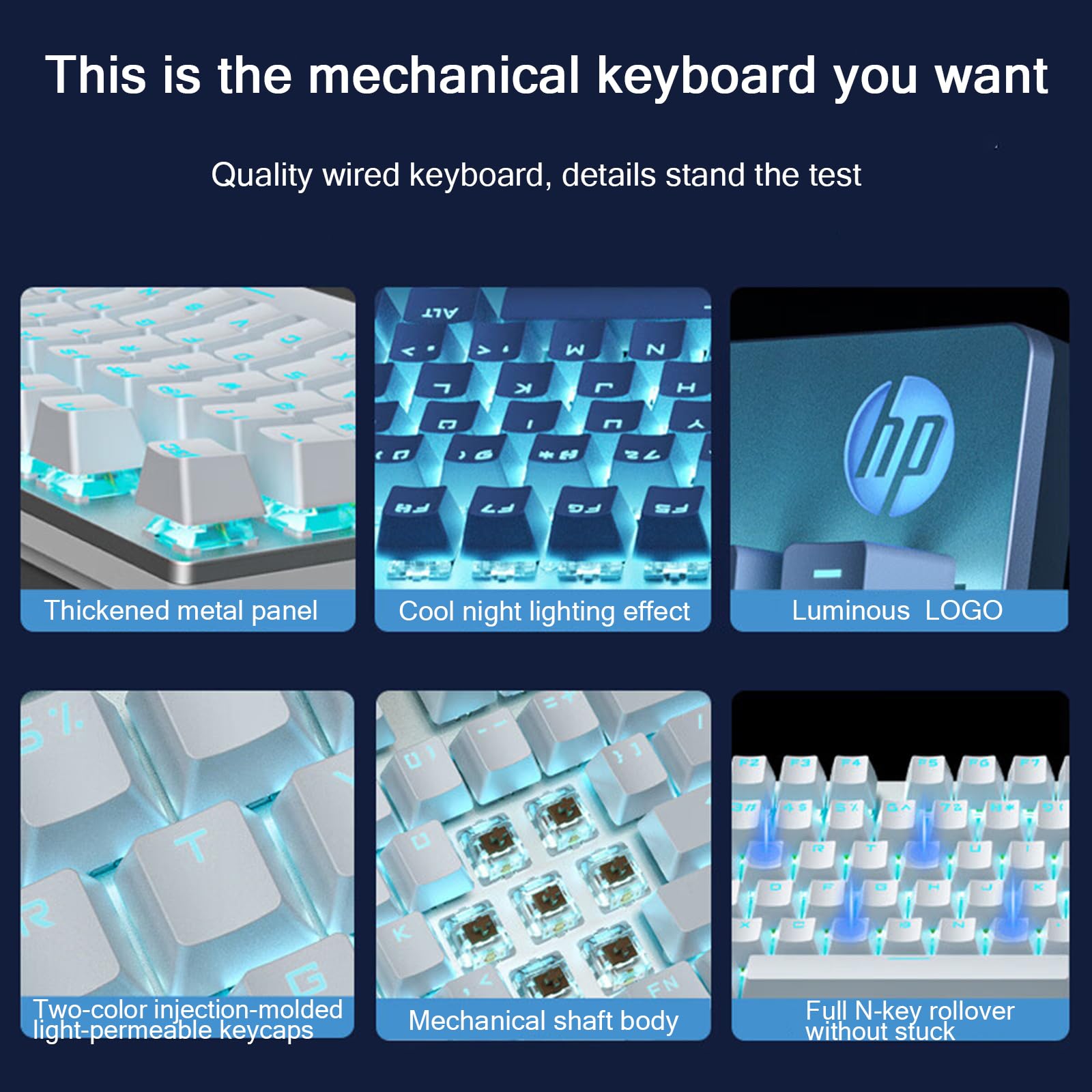 HP GK400F Tastiera meccanica cablata, pannello in metallo ABS, 104 tasti per giochi e uso aziendale, interruttore marrone, compatibile con desktop e laptop, argento