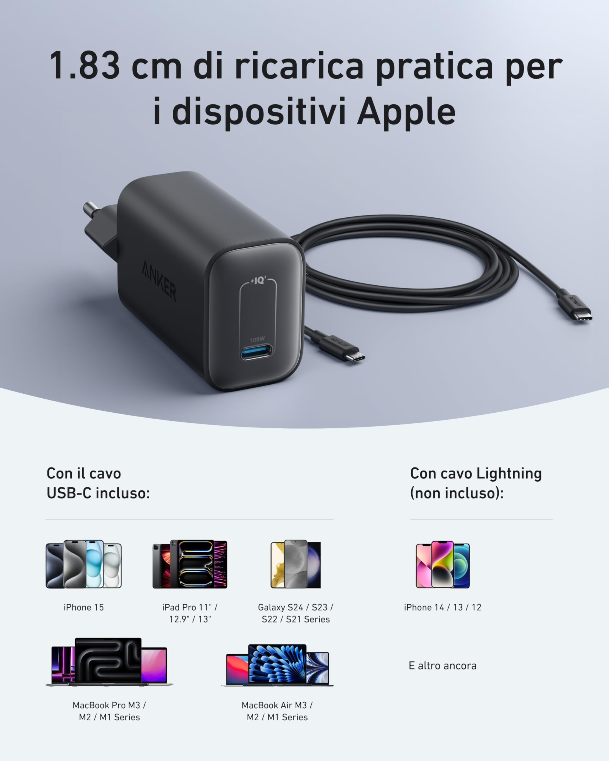 Anker Nano Caricatore USB C 100W, per iPhone 17 Pro Max Air/16/15, Galaxy e tutti i Dispositivi USB-C(cavo USB-C da 1.8 m incluso)