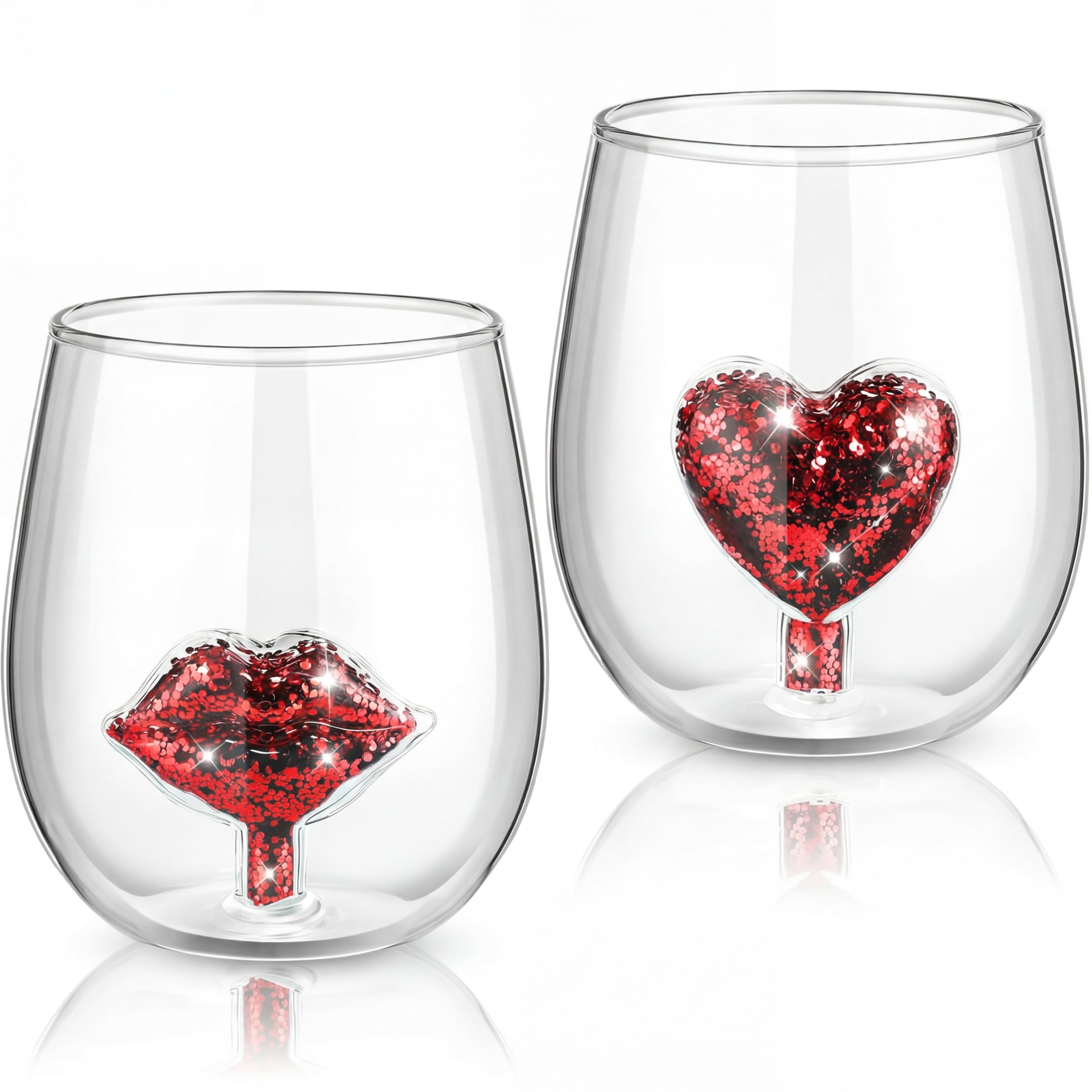Remerry 2 Pcs Valentines Day Wine Glasses 12oz Valentine Stemless Wine Glasses with 3D Glitter Red Heart Lips