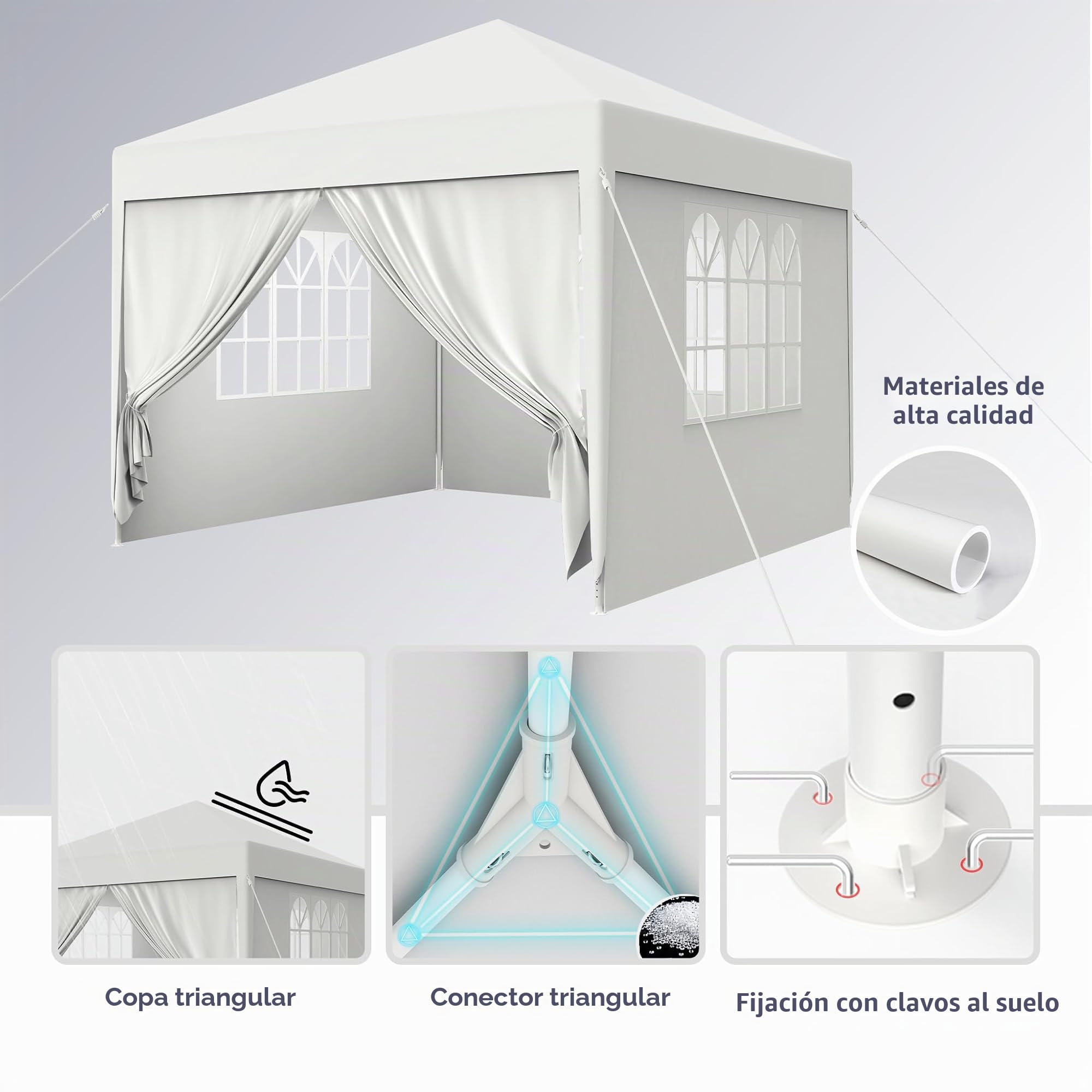 FIVMEN Carpa 3x3m Carpa para Fiestas con Paneles Laterales y Ventanas Pabellón de Jardín Cenador de Poliéster Protección UV Impermeable Gazebo Exterior, Blanco
