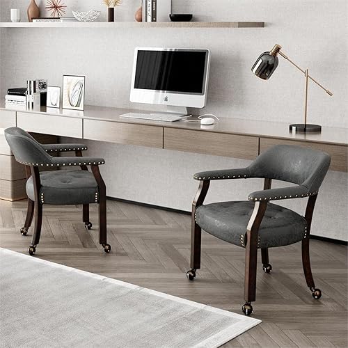 Miniatura 48 de Juego de 4 sillas de cuero de comedor con ruedas y brazos, silla de capitán Accent con ruedas, sillas de madera con ruedas enrollables para cocina y