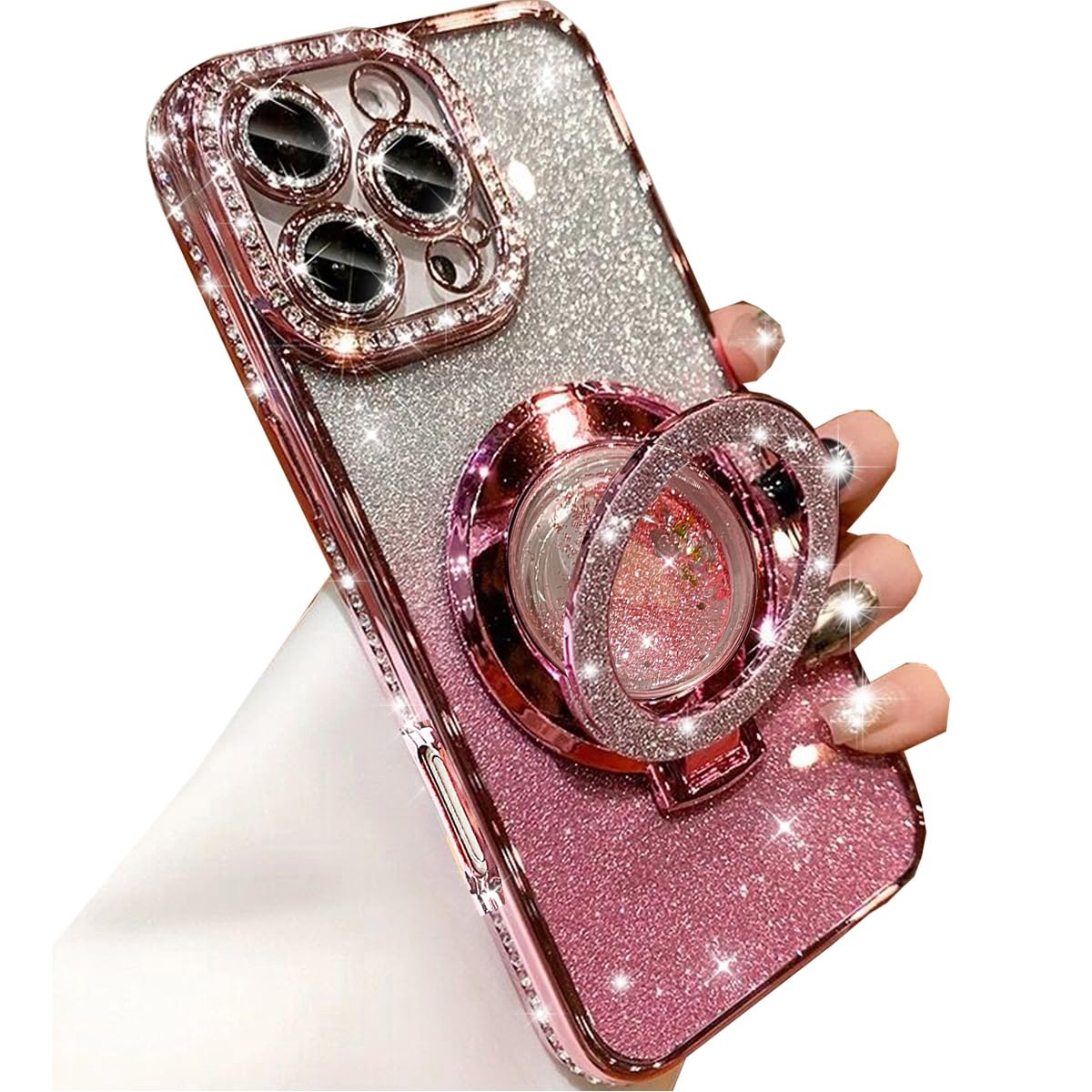 Changjia Glitter Kickstand Case for iPhone 16 Pro Max, Luxury Bling Sparkly Diamond Rhinestones with Camera Protector Liquid Flowing Ring Stand TPU