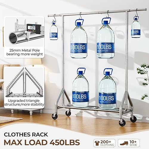 Miniatura 2 de HYSEYY Perchero de ropa resistente con carga de 450 libras, perchero de metal para colgar ropa con ruedas y estantes resistentes, perchero plegable