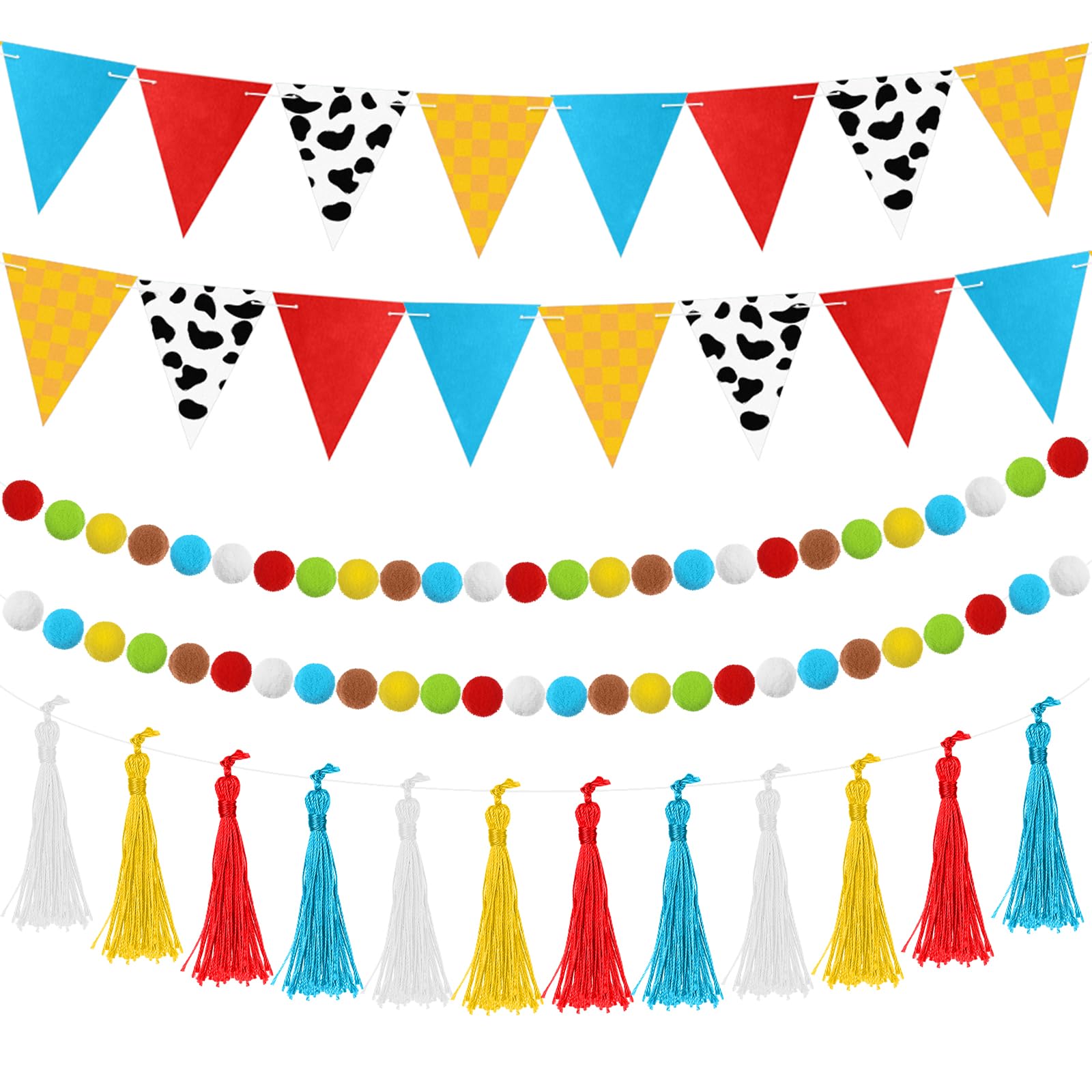 HunnmingRe 5 Pcs Cartoon Birthday Party Decorations 9.8 ft Baby Shower Decorations Happy Birthday Banner Tassel Triangle Flags Banners Felt Pom Pom