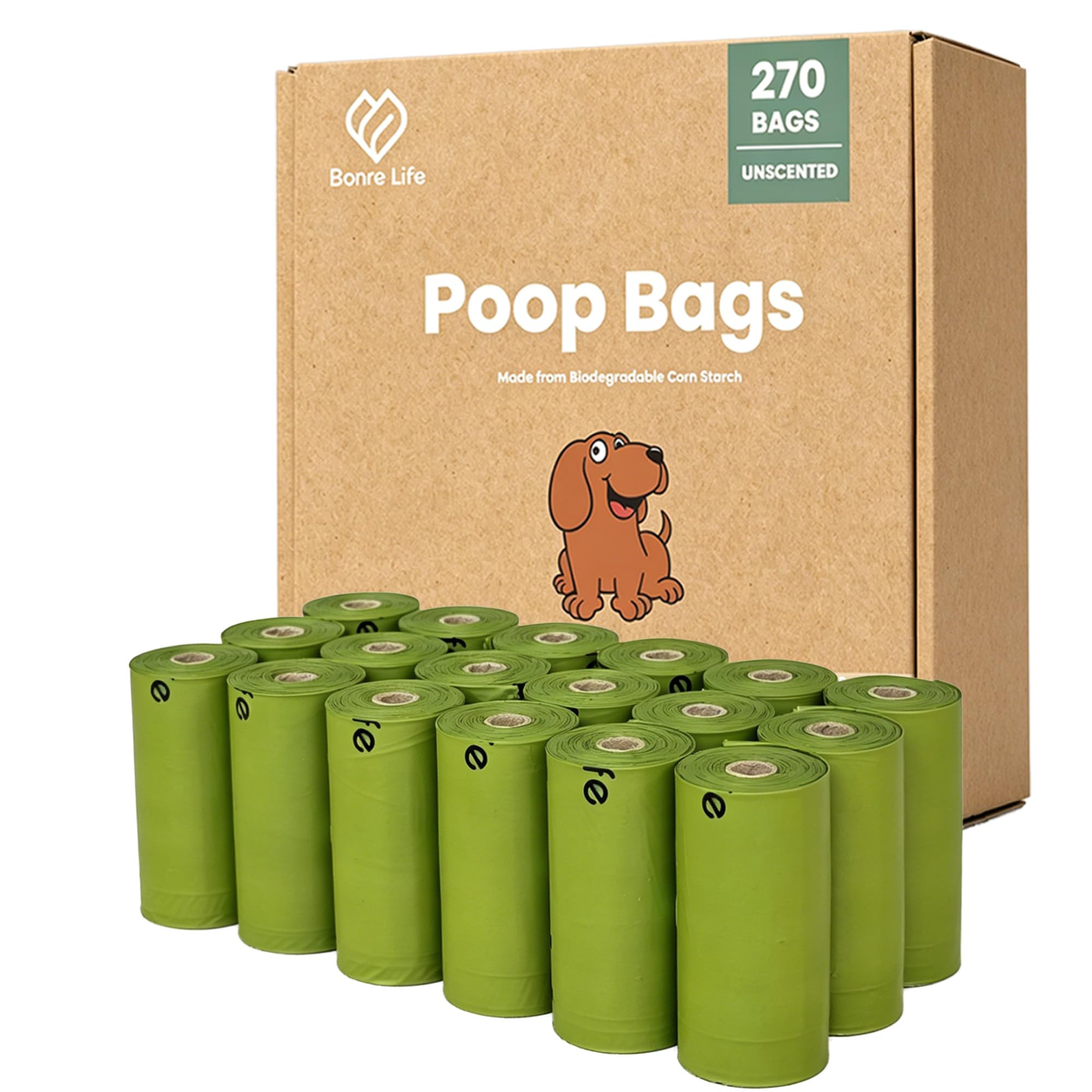 Dog Poop Bags Rolls, 270 Extra Thick Poo Bags, Biodegradable & Leak-Proof Dog Waste Bags Made from Corn Starch, Green, Unscented
