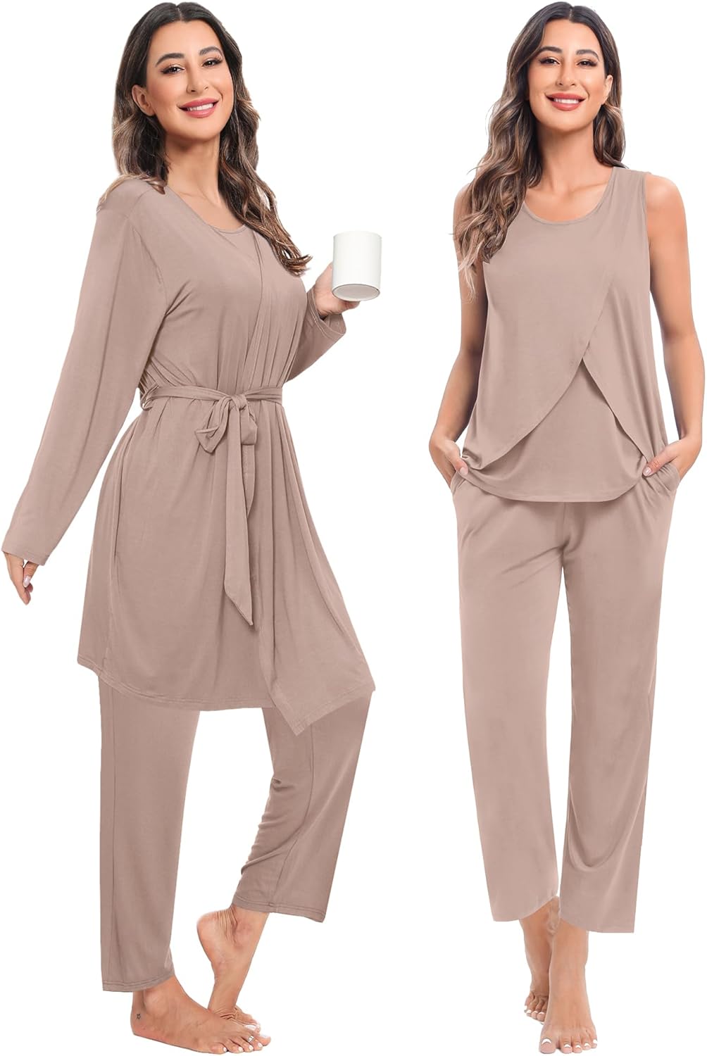 SWOMOG Maternity Nursing Robe Set 3 PCS Postpartum Breastfeeding Pajamas Hospital Pregnancy Pjs Double Layer Lounge Set - Image 4