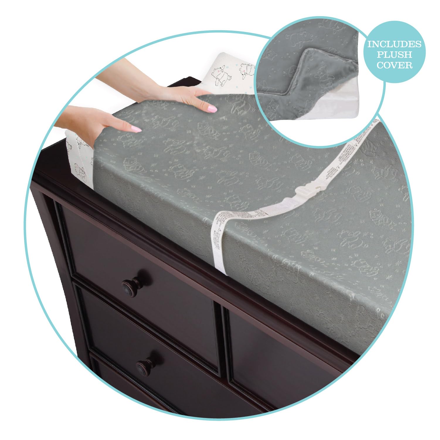 Disney Winnie The Pooh Contoured Changing Pad with Plush Cover by Delta Children – Machine Washable Cover and Waterproof Outer Layer, Grey