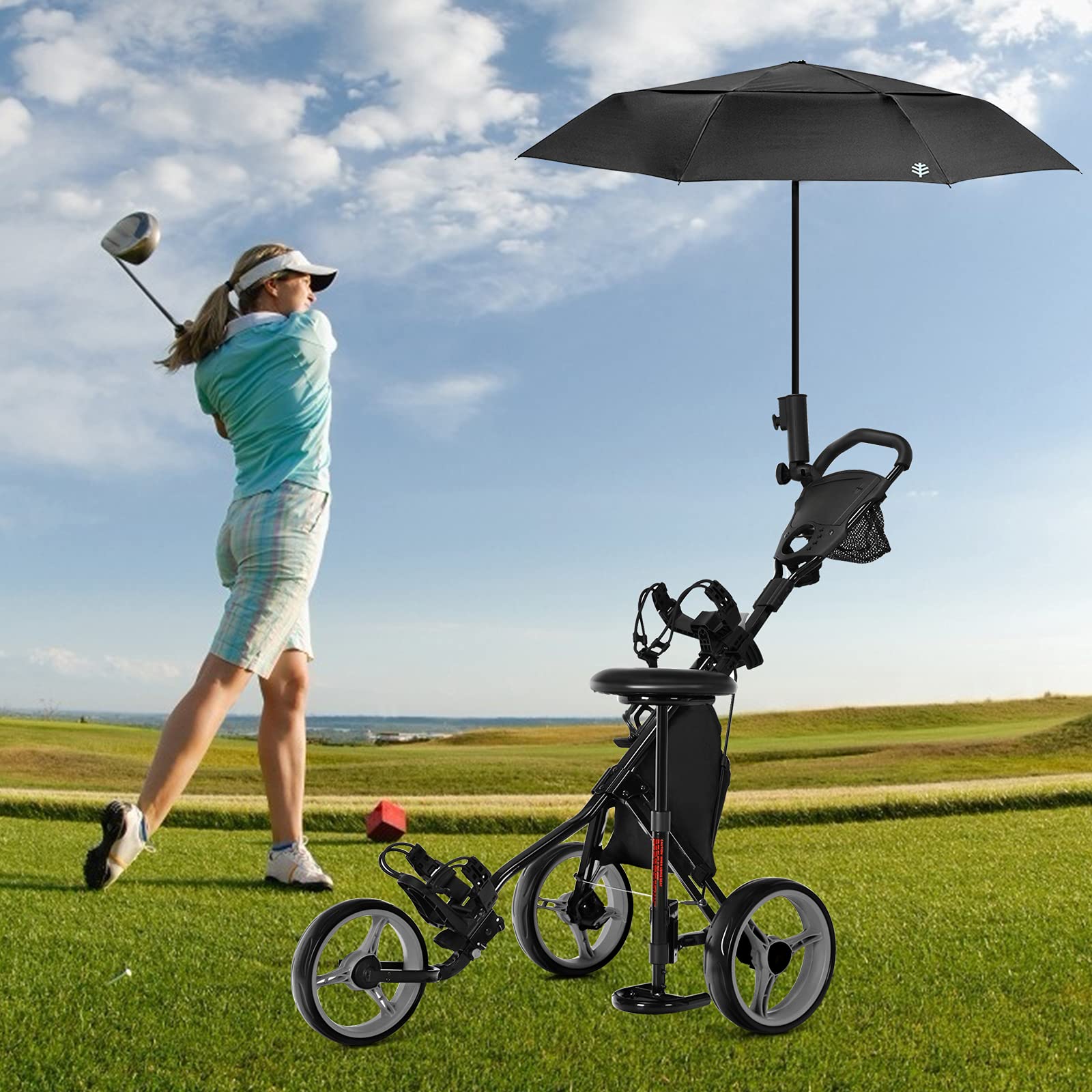 GOPLUS Golf Trolley, Golftrolley 3 Rad mit Verstellbarer Griff, Sitz & Fußbremse, Golfwagen klappbar mit Schirm- und Getränkehalter & wasserdichter Tasche, Golfcaddy Golf Push Cart