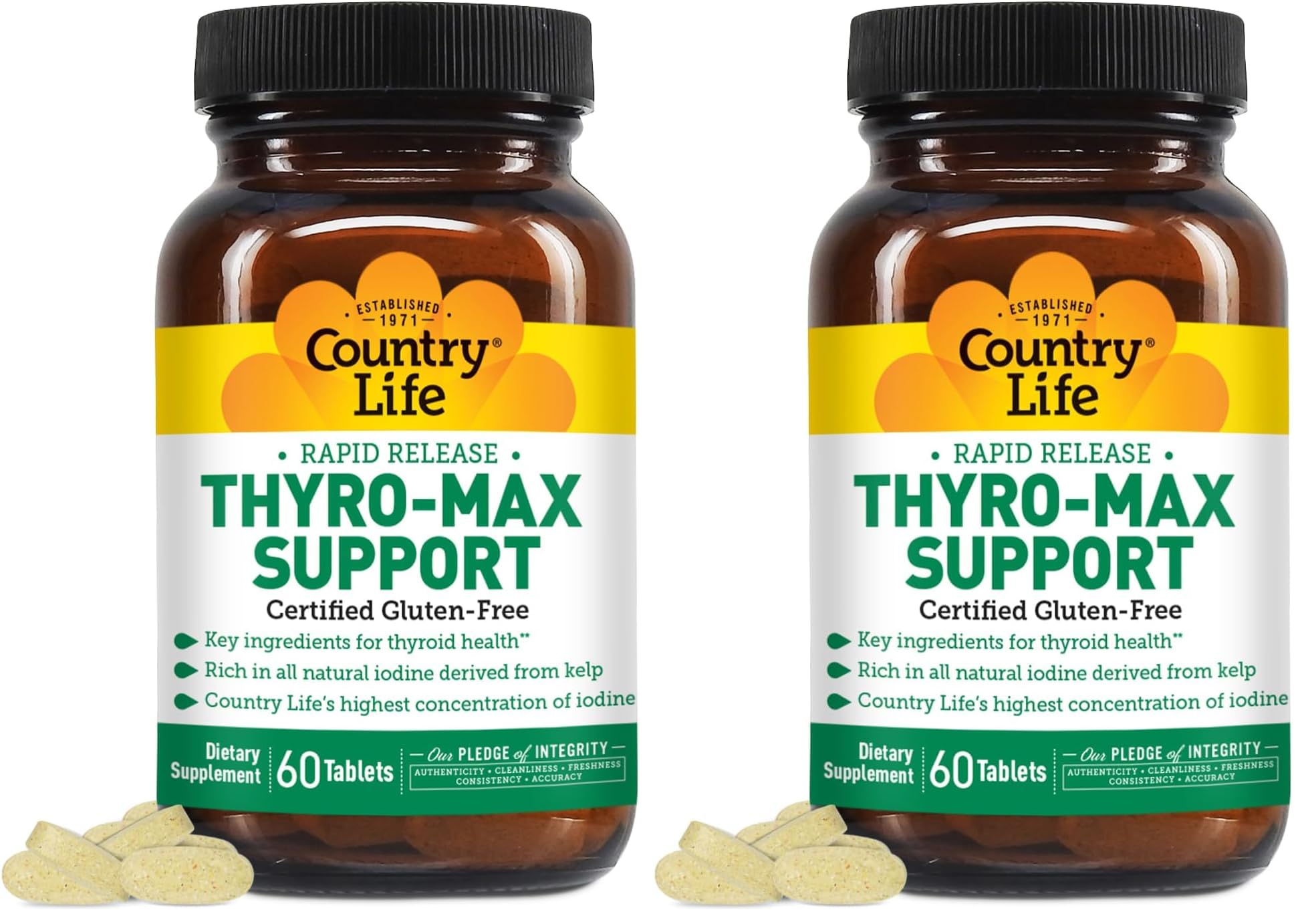 Country Life Thyro-Max Support - Kelp-Derived Iodine & L-Tyrosine Thyroid Supplement for Men and Women - B Vitamins, Gluten-Free, Vegan, Kosher - 60 Capsules (Pack of 2) 60 Count (Pack of 2)
